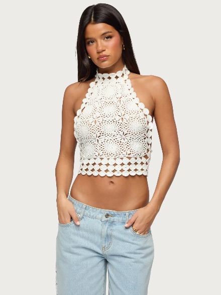 Edikted Backless Crochet High Neck Halter Top